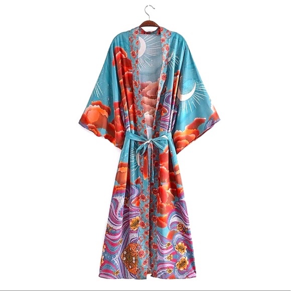 Kimono Robe Duster in Green with Cosmic Display Open Front, Matching Belt - Picture 1 of 8